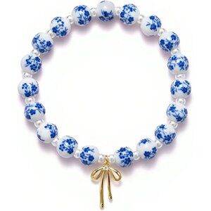Blue with Pear Flower Handmade Stretch Dainty Bead Bow Charm Bracelet for Women